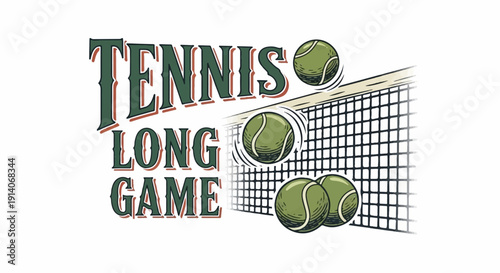 Tennis graphic with stylized text and tennis balls in action