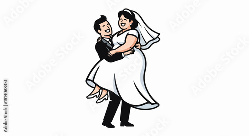 Groom lifts happy bride, both in wedding attire, against a white background