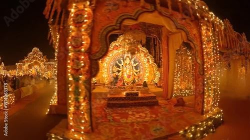 Durga Puja Pandal Decoration Golden Lights Religious Festival India
