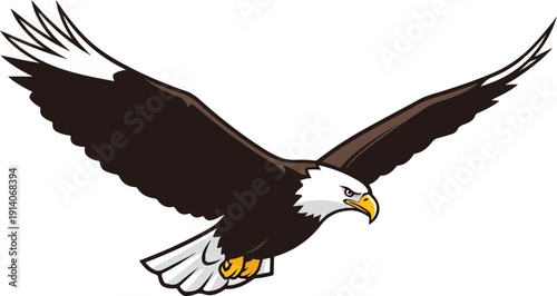 A cartoon bald eagle with wings spread wide in flight against a white background