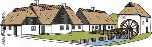 A quaint, thatched-roof mill beside a row of white-washed cottages near a stream