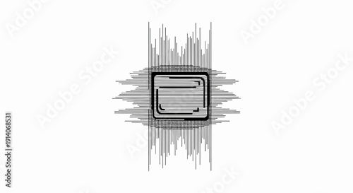 Abstract stylized graphic representing a central square with radiating lines and vertical patterns