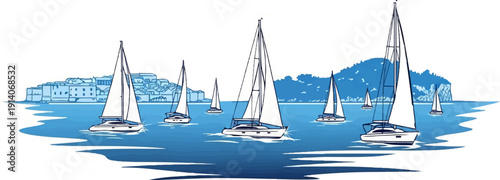 Sailboats glide across azure waters, with a historic town and rugged cliffs in the background