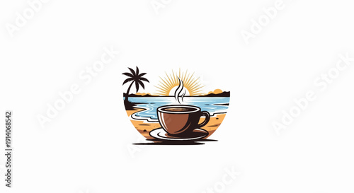 Steaming coffee cup on a beach with palm tree and sun
