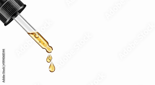 A glass dropper with a black cap, filled with golden liquid and three droplets falling
