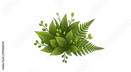 A verdant floral arrangement featuring lush green leaves and delicate fern fronds