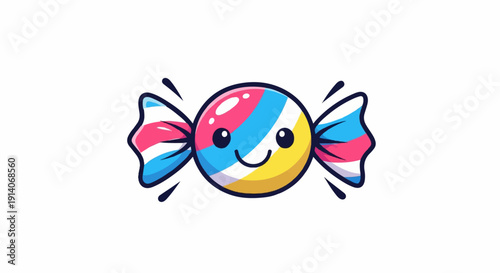 A cheerful, round candy with a happy face, adorned with colorful stripes and playful wrappers