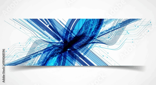 Abstract blue digital network pathways and luminous light streaks flow across a white backdrop