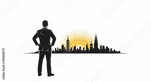 Silhouette of a man in a suit facing a rising sun over a city skyline