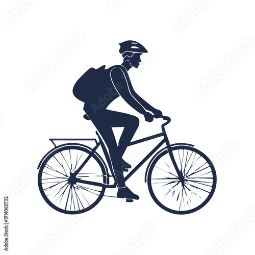 A cyclist rides a bicycle on a road, viewed from the side, with a backpack and helmet.