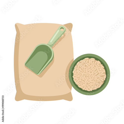 Top View of Rice Sack with Scoop and Bowl of Grains, Raw Organic Staple Food Vector Illustration