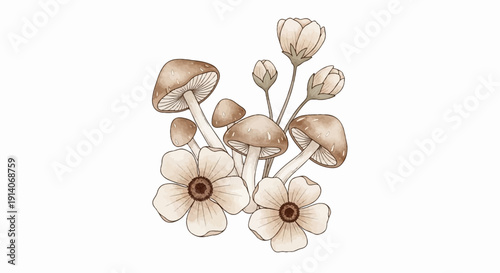 Earthy watercolor illustration of mushrooms and delicate flowers, sepia toned, organic, natural
