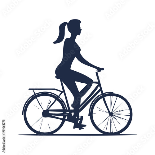 Woman riding a bicycle in a simple illustration style on a clean background