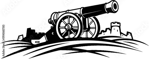 Black and white graphic of a historic cannon positioned behind a castle on a hill