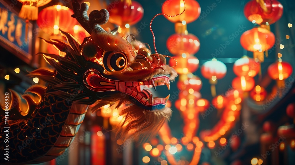 Obraz premium Festive Night Celebration Featuring a Dragon Dance Moving Through a Street of Glowing Lanterns in Dramatic Cinematic Light