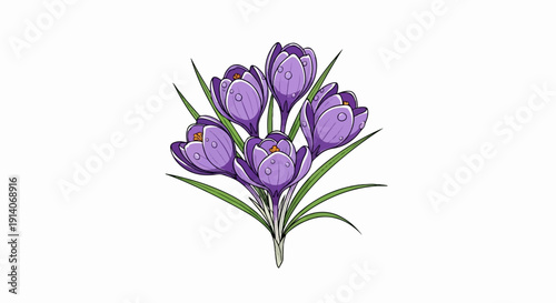 Delicate purple crocus flowers with green leaves and water droplets