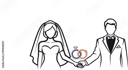 A stylized sketch of a bride in a veil and a groom in a suit, holding hands with wedding rings between them