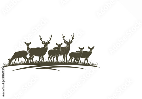 A herd of deer stands majestically on a grassy hill, their silhouettes a testament to nature's wild beauty
