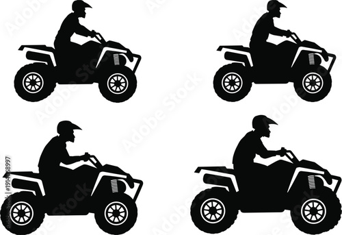 Four silhouettes of riders on AT Vs in a grid formation on a white background quad bike vehicle