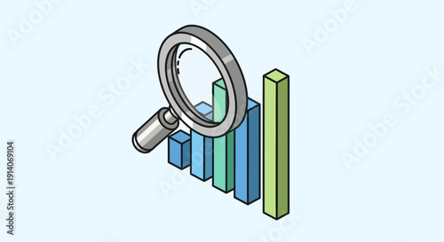Close-up view of a gray magnifying glass hovering over a colorful bar graph, illustrating data analysis in a simple low-resolution 3D graphic