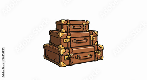 Vintage suitcases are stacked in a pyramid, ready for a grand adventure