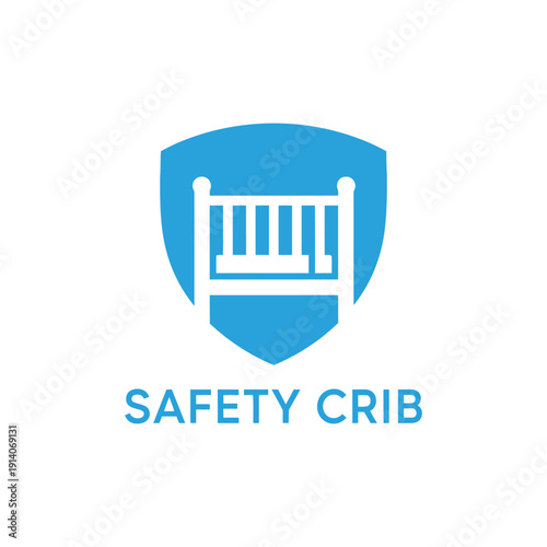 Blue shield and baby bed icon for childcare protection or nursery furniture security business branding safety crib logo