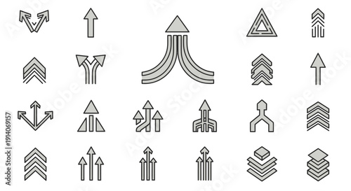 Viewing a minimalist grid of twenty black and white geometric icons displayed on a plain white background for digital design use