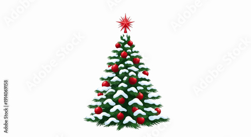 A snow-covered evergreen tree adorned with bright red baubles and topped with a radiant red star