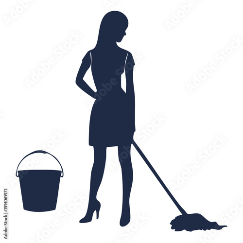 Woman in high heels holding a mop stands beside a bucket in a clean environment from a straightforward viewpoint