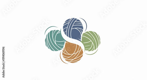 Artistic arrangement of four colorful yarn balls in a swirling pattern
