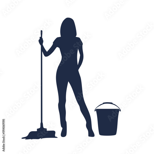 Woman holding a mop and standing beside a bucket in a domestic environment from a frontal viewpoint