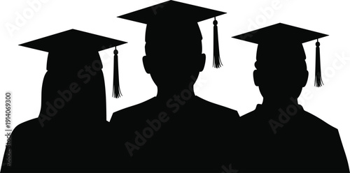Graduation Caps Silhouettes of Three Students on White Background illustration vector
