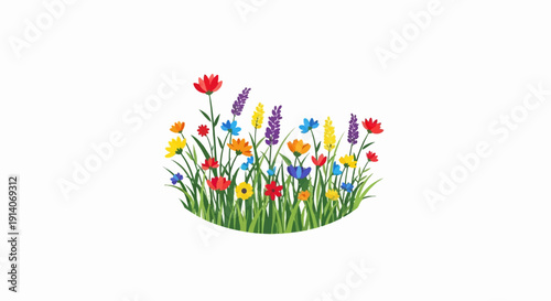 A vibrant, oval-shaped meadow bursting with colorful wildflowers and lush green grass