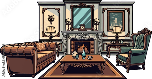 Elegant drawing room with plush furniture, fireplace, and decorative elements