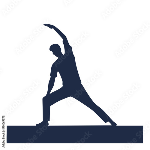 Silhouette of a person practicing yoga in a dynamic pose on a flat surface, captured from a side viewpoint.