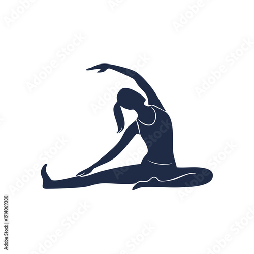 A woman practicing yoga in a serene pose, stretching her arm and leg in a calm environment