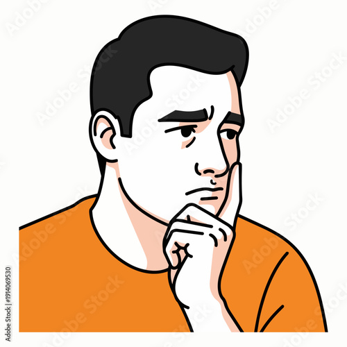 Man contemplating, thinking deeply with hand on chin, looking thoughtful in an illustration