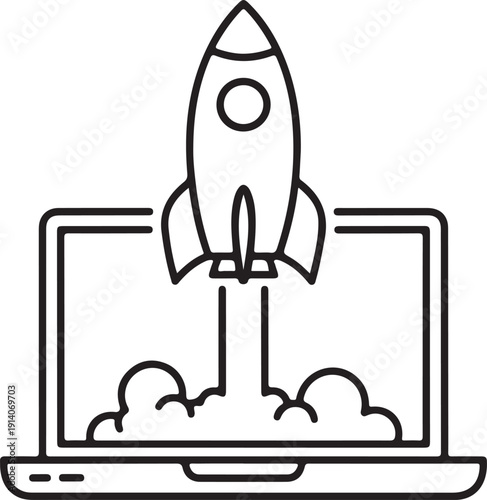 A simple black and white line drawing shows a rocket launching from a laptop screen