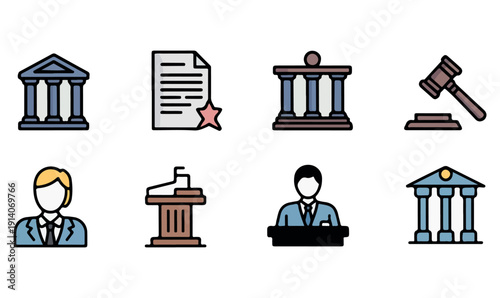 Government and Law Icons Set with Courthouse, Gavel, Politician, and Podium