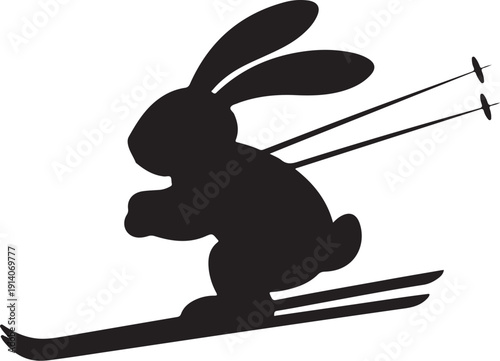 Black silhouette of a rabbit on skis with poles skiing