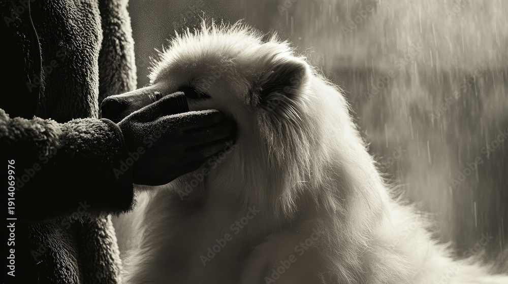 custom made wallpaper toronto digitalA tender moment of interaction between a hand and a fluffy dog, bathed in soft light. The image captures a connection through touch, highlighting the bond of affection. AI Generative