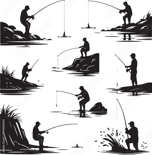 Silhouette of a man fishing in various poses on riverbank and in water