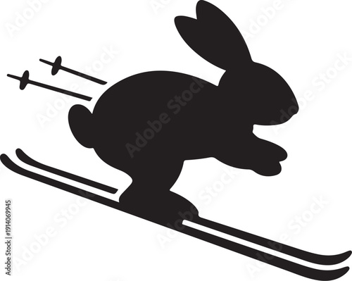 Black silhouette of a rabbit skiing on two skis