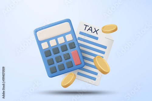 3D vector illustration of blue calculator with tax paper document and gold coins. Concept for financial accounting calculation and business tax return payment. Economy background template.