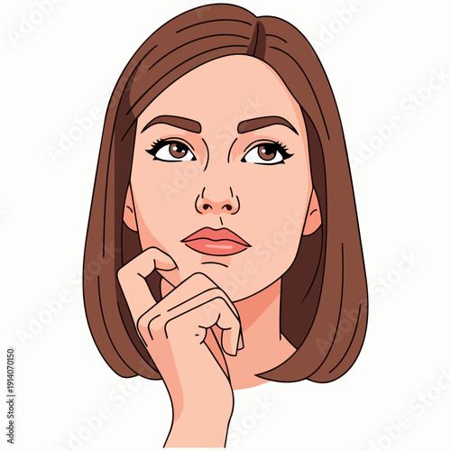 Illustration of a contemplative young woman with hand on chin, lost in thought, from a close-up front viewpoint