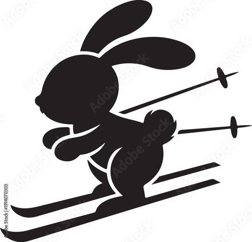 Black silhouette of a rabbit skiing with poles skis