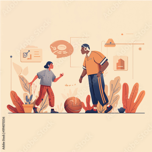 Father and Daughter Playing American Football Together Outdoors Illustration