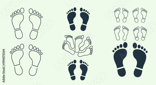 A collection of various human footprint illustrations, showing outlines, solid black prints, and different sizes and arrangements of bare feet.