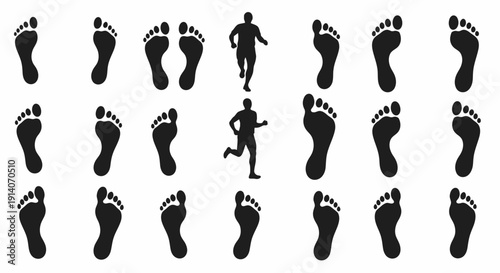 A collection of black human footprints and running person silhouettes arranged on a white background, illustrating movement and walking patterns.