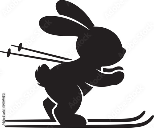Black silhouette of a rabbit skiing with poles white